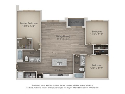 A floor plan of a house with a master bedroom, two bathrooms, a living/dining area, a kitchen, and three bedrooms.